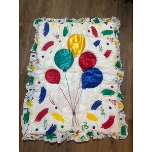 VTG 80's/90's Satin Baby Crib Blanket Balloon‎ Splash Ruffle Quilt Thick 37"x48"